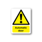 Automatic door sticker with yellow warning triangle and exclamation icon