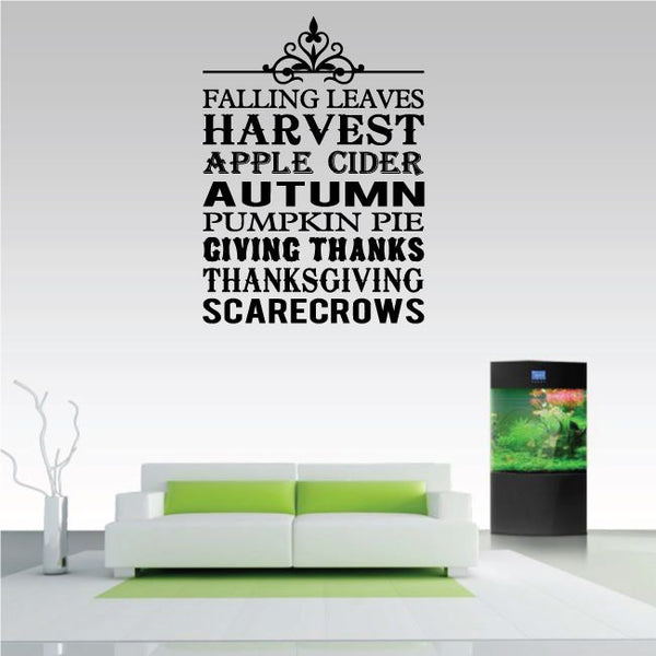 Autumn word collage wall decal with harvest, falling leaves, cider, pumpkin pie, thanks