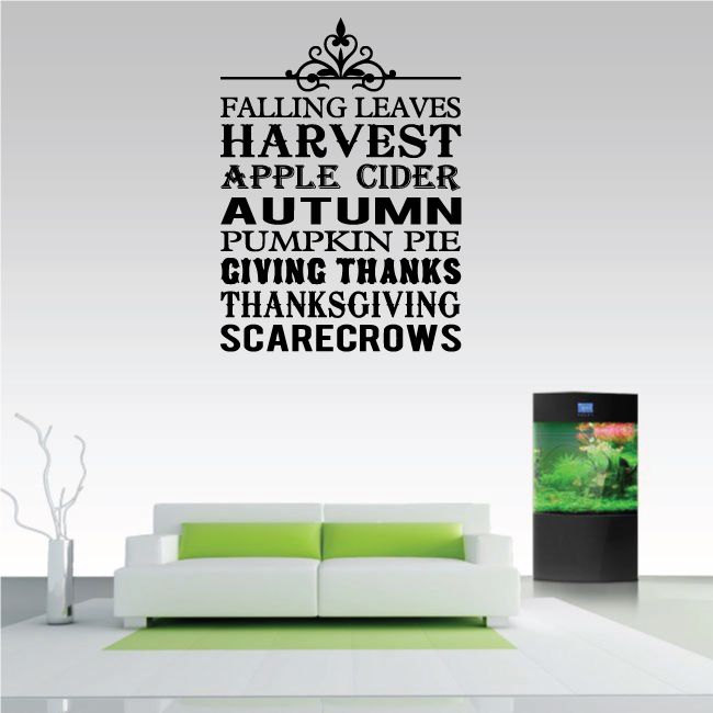 Autumn word collage wall decal with harvest, falling leaves, cider, pumpkin pie, thanks