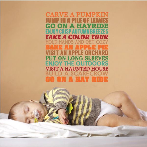 Autumn word collage decal with stacked fall quotes in red lettering
