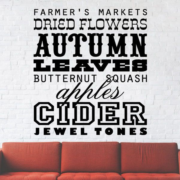 Autumn word collage wall decal with bold black typography and autumn-themed phrases.