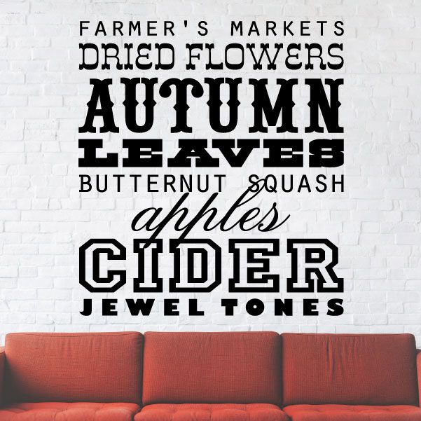 Autumn word collage wall decal with bold black typography and autumn-themed phrases.