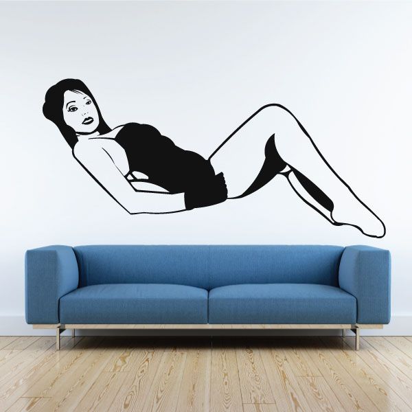 Lingerie woman wall decal, sitting on couch pose, black silhouette on light background