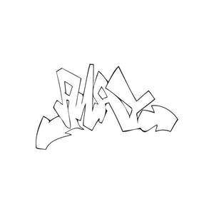 Black graffiti decal with bold tag letters and jagged shapes