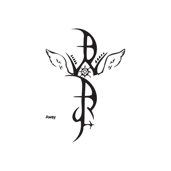 Away graffiti decal, black stylized B with wings and small barbed lines