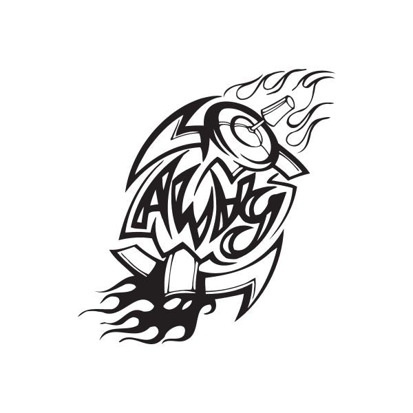 Graffiti-style decal with black and white flame motif and stylized face profile