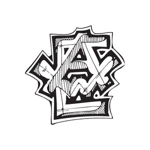 Graffiti decal with bold black-and-white letter-style design