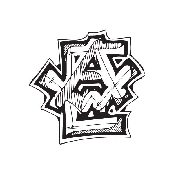 Graffiti decal with bold black-and-white letter-style design