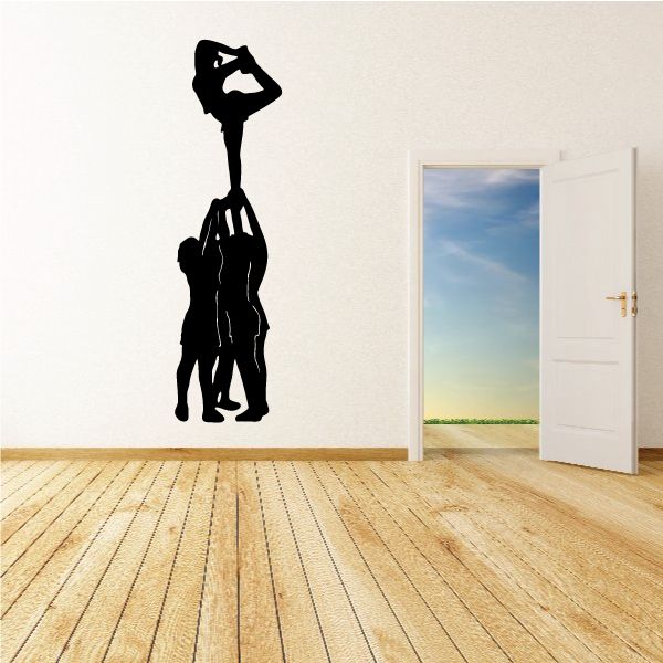 Cheerleading tower wall decal with black silhouetted cheering lineup