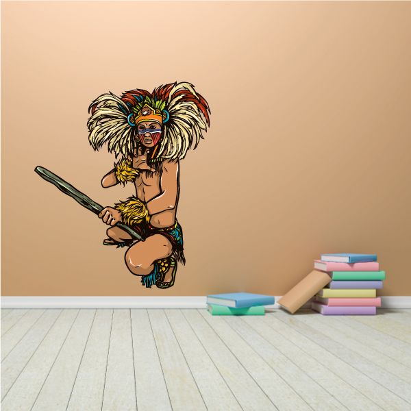 Aztec crouching eagle warrior sticker with colorful feather headdress and loincloth