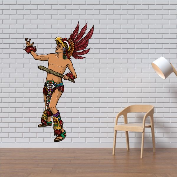 Colorful eagle warrior dance sticker, full-body Aztec-style figure with red wings