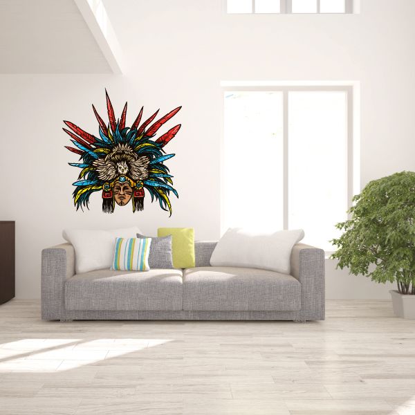 Aztec eagle warrior head sticker with colorful feathered headdress and face paint