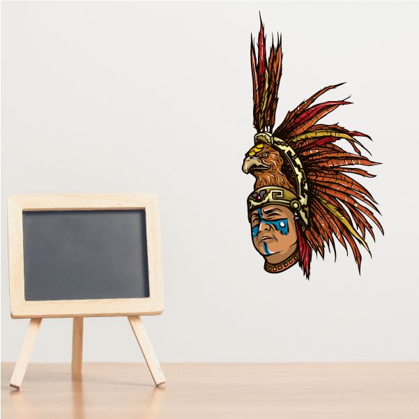 Aztec eagle warrior sticker with multicolor feathered headdress and face