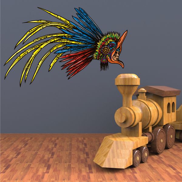 Colorful eagle warrior sticker with feathered headdress, Aztec-style tribal design