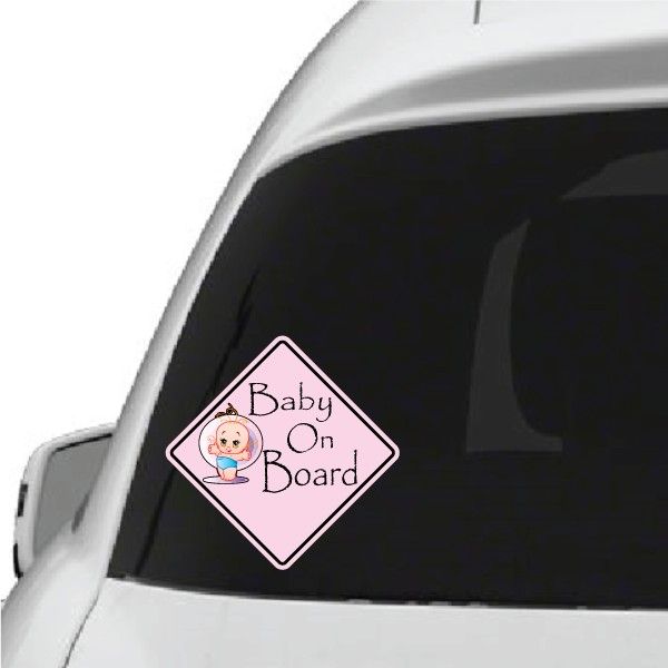 Baby on Board car window sticker, pink square with baby cartoon and text