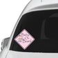 Baby on Board car window sticker, pink square with baby cartoon and text