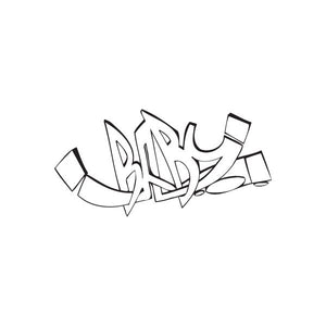 Graffiti-style decal sticker with black and white lettering