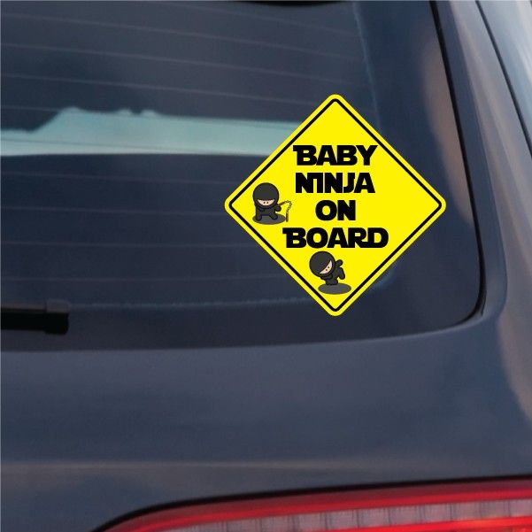 Yellow diamond Baby Ninja on Board car window sticker with black ninja icons