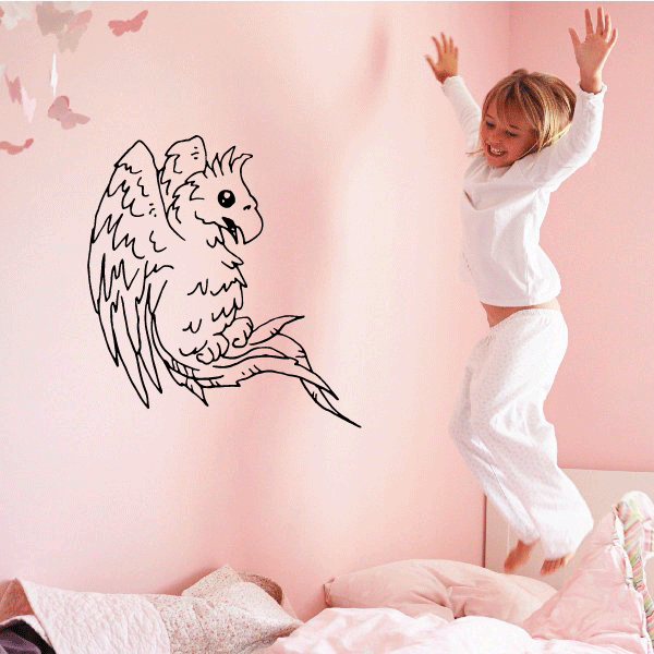 Black line-art phoenix baby wall decal with winged bird design