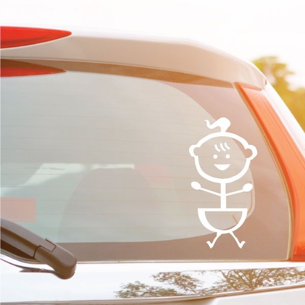 Baby hair swirled decal, white outline smiling baby with bib on car window