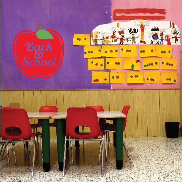 Apple wall decal with 'Back to School' text and red outline