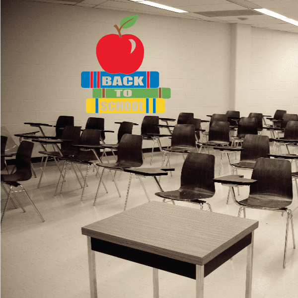 Back to school books sticker with red apple and colorful “BACK TO SCHOOL” text