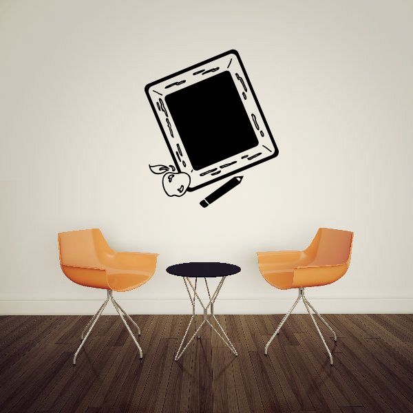 Back to school chalkboard decal with square board, pointer, and apple