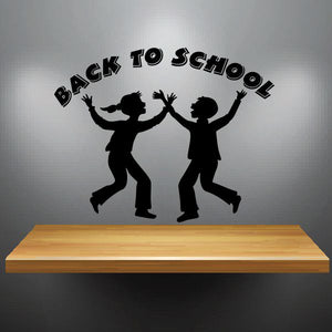 Back to school children wall decal, black silhouette of kids and curved lettering