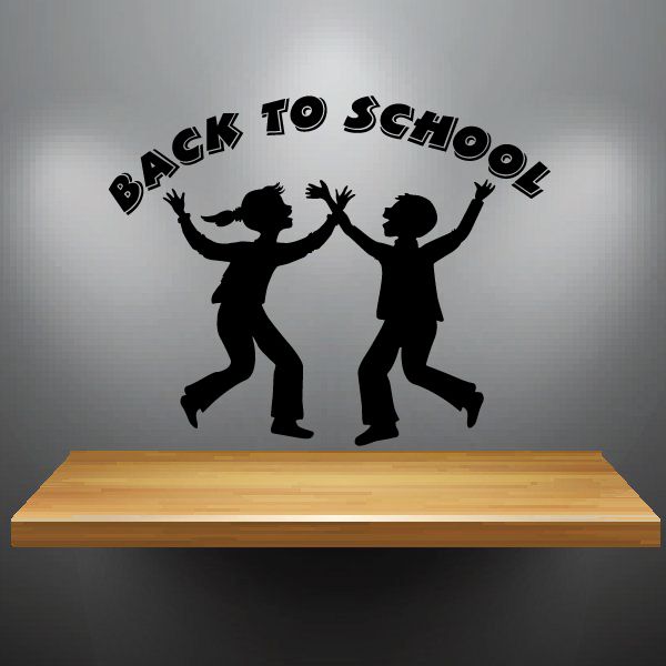 Back to school children wall decal, black silhouette of kids and curved lettering