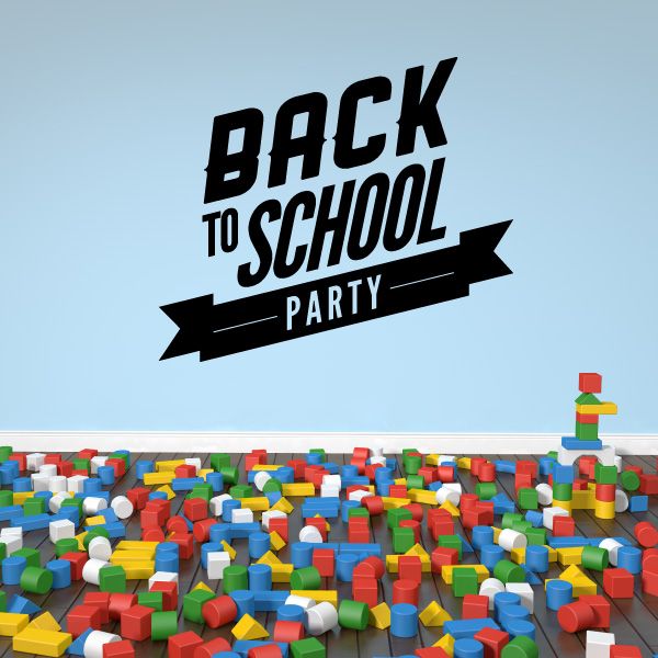 Back to school party wall decal with bold black and white lettering and ribbon banner