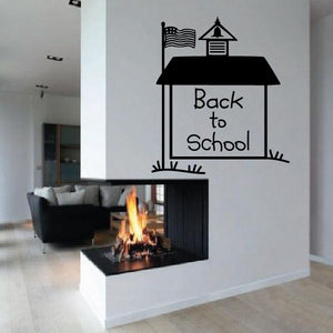 Schoolhouse wall decal with US flag and 'Back to School' text