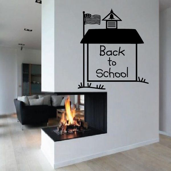 Schoolhouse wall decal with US flag and 'Back to School' text