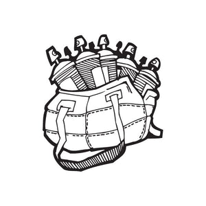 Graffiti-style backpack decal with spray paint cans