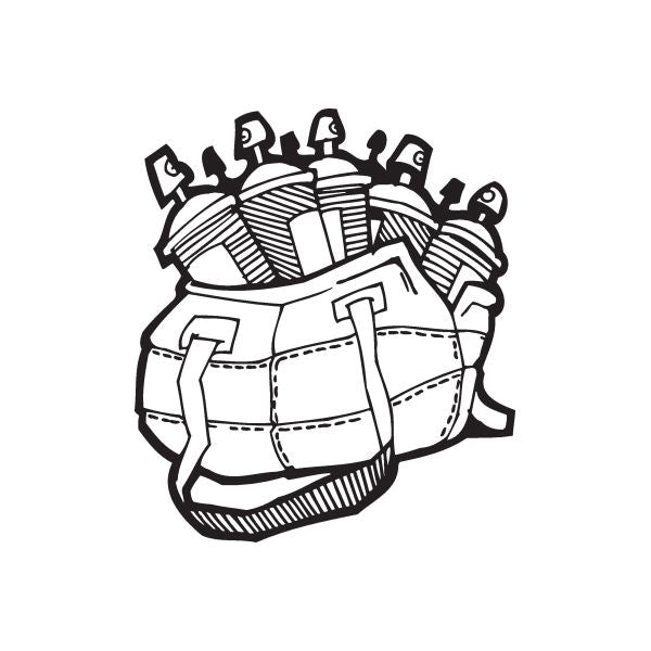 Graffiti-style backpack decal with spray paint cans