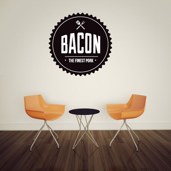 Bacon The Finest Pork wall decal featuring a round Bacon badge logo with forks icon
