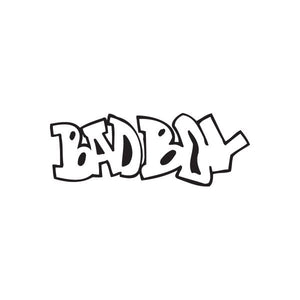 Graffiti decal with bold 'BAD BOY' lettering, black and white