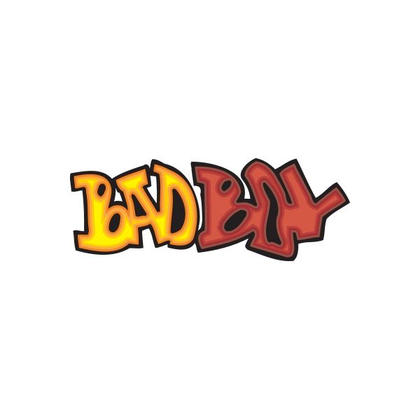 Graffiti sticker with stylized Bad Boy lettering in yellow, orange, and red