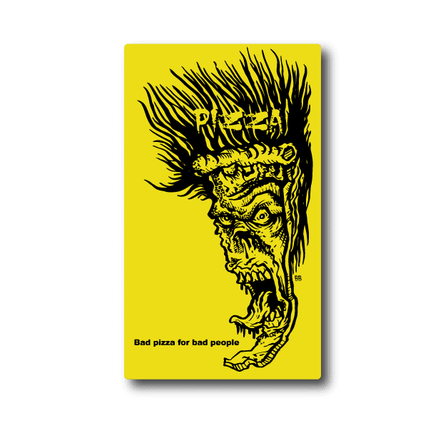 Yellow vinyl sticker with black snarling face graphic and small slogan text