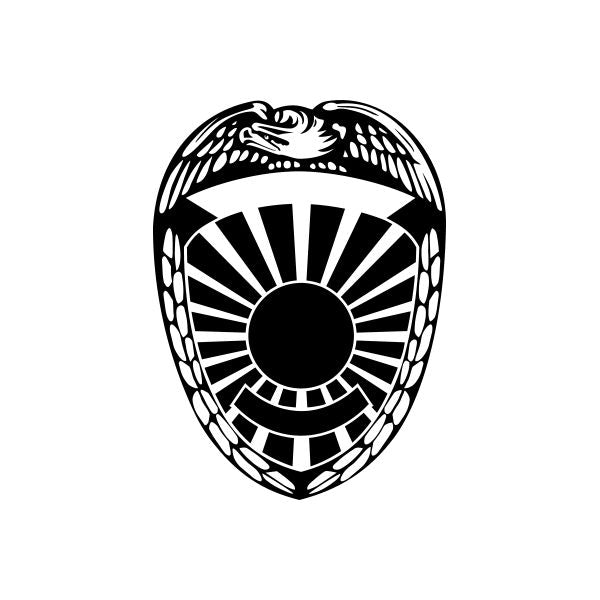 Badge decal: black-and-white shield with stylized animal face and sunburst rays