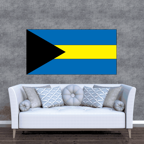 Bahamas flag sticker, rectangular with blue field, black triangle, and yellow stripe