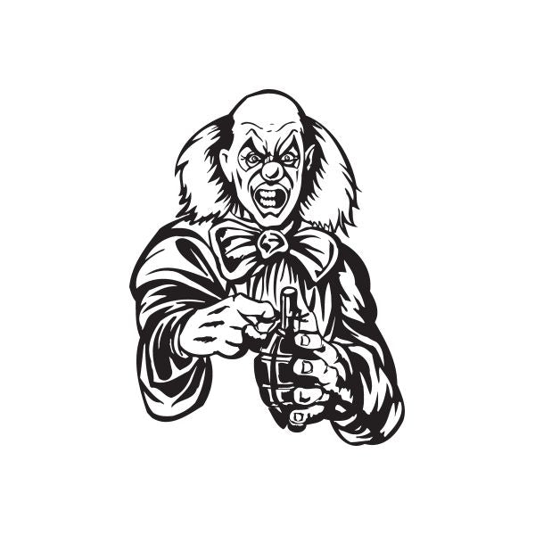 Bald clown grenade decal, clown gripping grenade with pin pulled