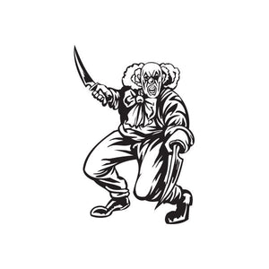 Clown decal showing a jester with two swinging knives, black-and-white line art