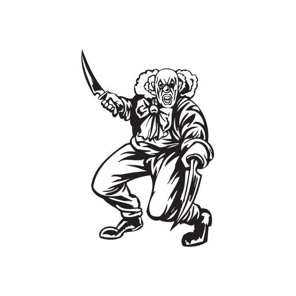 Clown decal showing a jester with two swinging knives, black-and-white line art