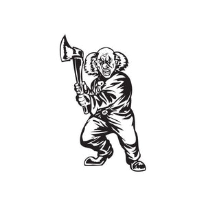 Bald clown with axe decal graphic, black and white illustration