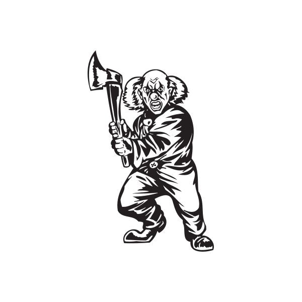 Bald clown with axe decal graphic, black and white illustration