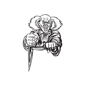Bald clown decal with crossed knives in black-and-white line art