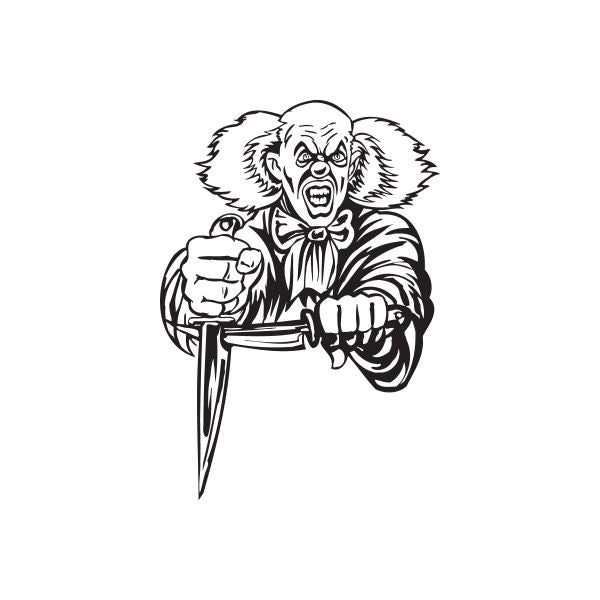 Bald clown decal with crossed knives in black-and-white line art