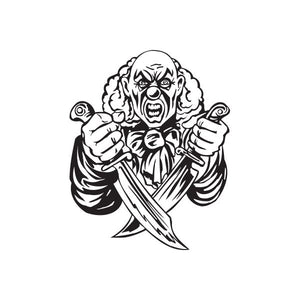 Clown face decal with crossed knives, black and white line art