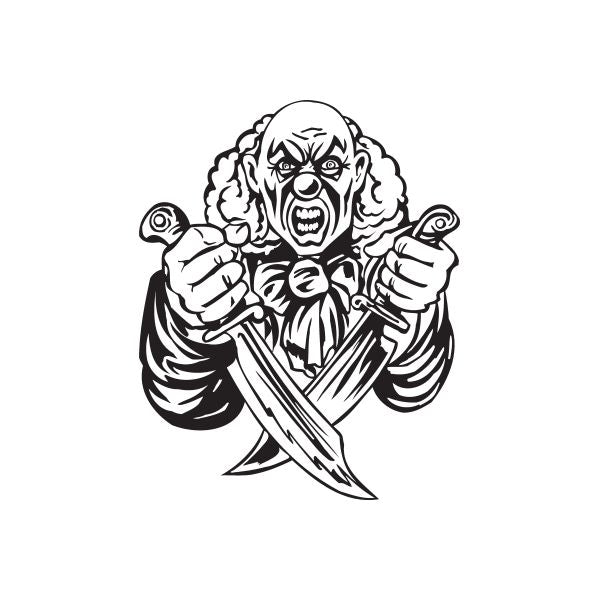 Clown face decal with crossed knives, black and white line art