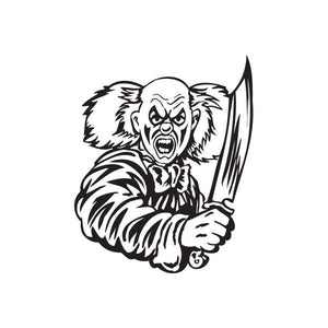 Bald clown decal with snarling face and large knife, black-and-white graphic